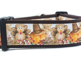 Pilgrim Pumpkin Thanksgiving Turkey Dog Collar - 2 inch wide -  fall dog collar - buckle or martingale