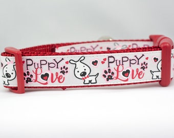 Puppy Love Dog Collar - 1 inch wide - buckle or martingale collar - valentines day dog collar - hearts dog collar - valentine collar - red