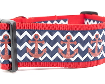 Chevron Anchor Dog Collar - 2 inch wide - buckle or martingale - summer dog collar - large breed collar - nautical dog collar - beach collar