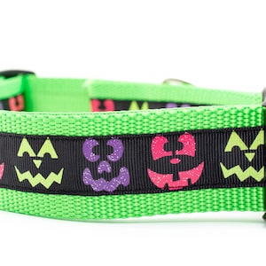 Lime Pumpkin Face Dog Collar - Pumpkin Dog Collar- 1.5 inch wide - buckle or martingale collar - Fall dog collar - Halloween dog collar