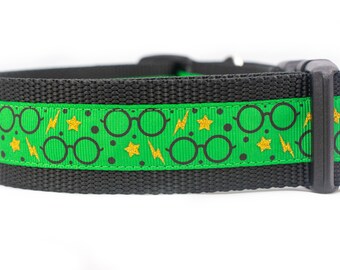 Wizard Glasses Dog Collar - 1.5 inch wide - buckle or martingale collar - magic dog collars - cool dog collar - boy dog collar - trendy dog