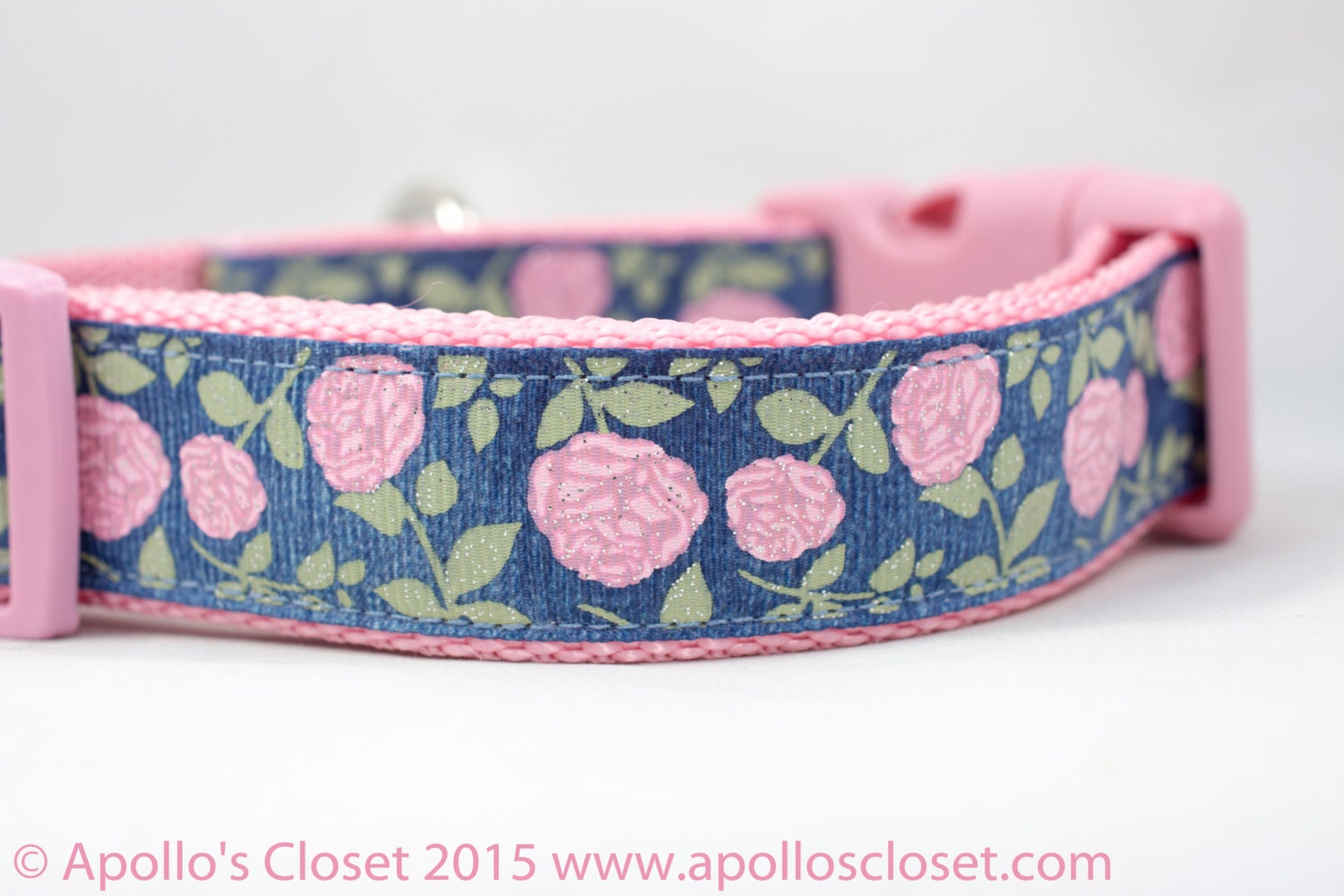 Pink Denim Rose Dog Collar - 1 Inch Wide Buckle Or Martingale Collar Floral Pink Dog Jeans Rose