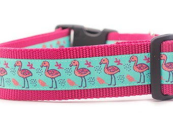 Rose Flamingo Dog Collar - 1.5 inch wide - buckle or martingale collar - tropical dog collar - girl dog collar - pink dog collar - summer