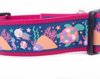 The Ocean is Calling Dog Collar - 2 inch wide collar - buckle or martingale collar - nautical dog collar - summer dog collar - girl collar