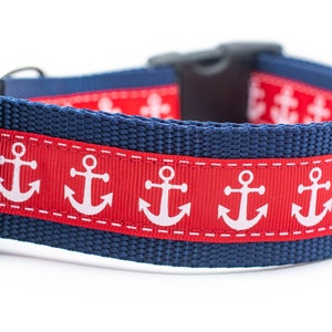 Red Anchor Dog Collar - 1.5 inch wide - buckle or martingale collar - nautical dog collar - anchor collar - summer dog collar - blue navy