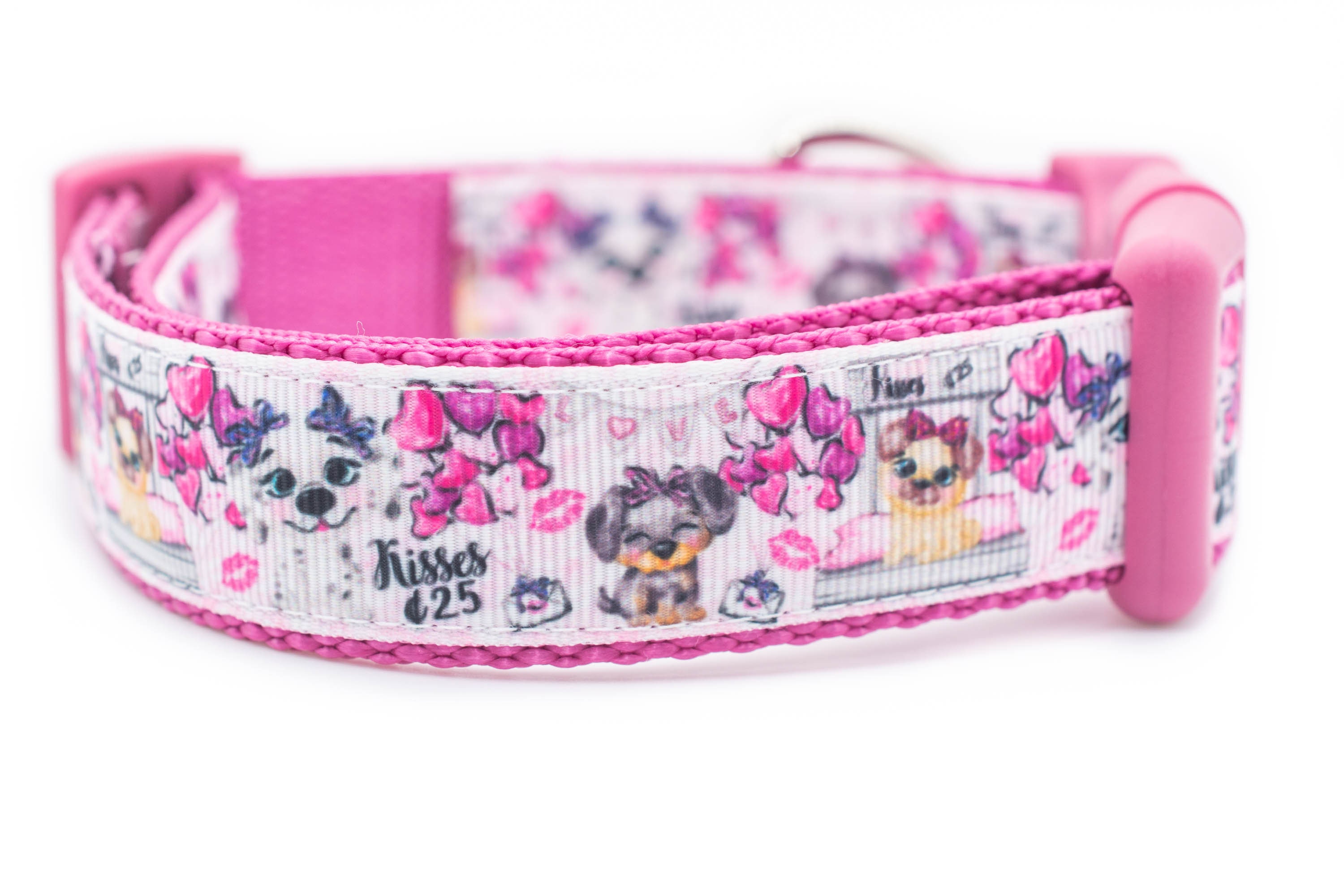 Valentine Kisses Dog Collar - 1 Inch Wide Buckle Or Martingale Valentine's Day Dog Collar Pink Puppy Kisses Cute