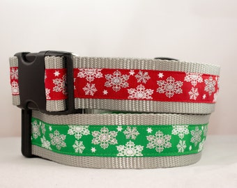 Red or Green Flashy Flakes Dog Collar - 1.5 inch wide - buckle or martingale - Christmas winter snowflake