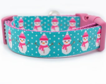 Pink Snowman Dog Collar - 1 wide - Christmas dog collars - holiday dog collar - winter dog collar - girl dog collar - polka dot - polkadot
