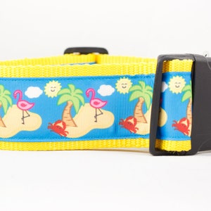 Beach Flamingo Dog Collar, 2&quot; inch wide, buckle or martingale, island, summer, crab, sunny, crab, ocean life, bird