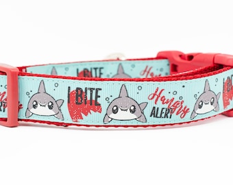 Shark Dog Collar - 1 inch wide - buckle or martingale collar - ocean dog collars - nautical collar - boy dog collar - i bite collar - hangry