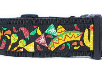 Fiesta Dog Collar - 2 inch wide collar - buckle or martingale collar - hot pepper dog collar - cinco de mayo - boy - southwestern - glitter