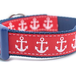 Red Anchor Dog Collar - 1 inch wide - buckle or martingale collar - nautical dog collar - anchor collar - summer dog collar - blue navy
