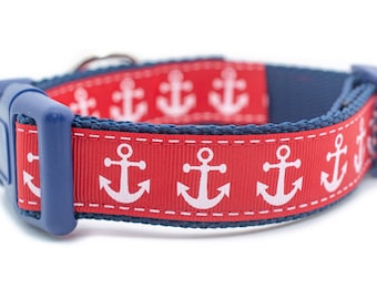 Red Anchor Dog Collar - 1 inch wide - buckle or martingale collar - nautical dog collar - anchor collar - summer dog collar - blue navy