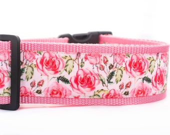Pretty Pink Rose Dog Collar - 2 inch wide - buckle or martingale collar - floral dog collar - dog collar girl - dog flower - feminine