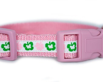 Green Pink Shamrock Dog Collar - 5/8" or 3/4" inch wide - pink dog collar - shamrocks collar - girl dog collar - irish dog collar