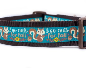 I Go Nuts for Fall Dog Collar - 1.5 inch wide collar - buckle or martingale collar - squirrel - acorn collar - thanksgiving - halloween