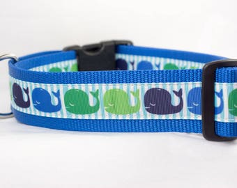 Blue Whale Dog Collar - 1.5" inch wide for large dogs - buckle or martingale - nautical dog collar - summer collar - beach - boy collar