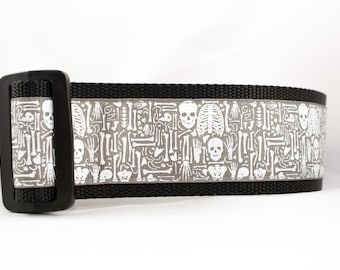 Gray Skeleton Dog Collar - 2 inch wide for large dogs - buckle or martingale collar - Halloween dog collar - fall skull - spooky dog collar