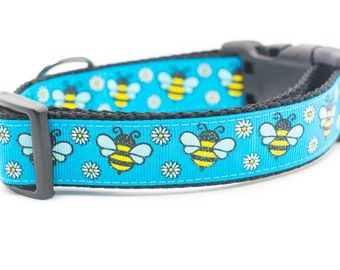 Turquoise Bee Dog Collar - 1" inch wide - summer dog collar - bumble bee dog collar - daisy collar - bumblebee - spring collar - floral dog