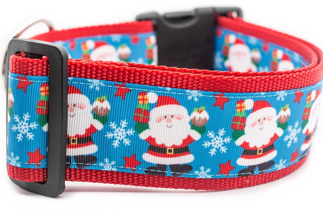 Blue Santa Dog Collar 2 Inch Wide Christmas Dog Collar Winter Dog