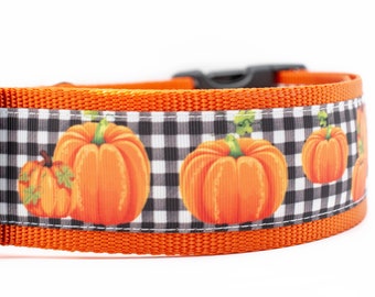 Plaid Pumpkin Dog Collar - Fall Dog Collar- 2 inch wide - buckle or martingale collar  - Halloween dog collar - orange