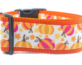 Fall Dog Collar - Leaves and Pumpkin Dog Collar - Halloween Dog Collar- 2 inch wide - buckle or martingale collar - Thanksgiving dog collar