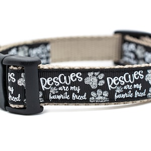 May include: Black dog collar with a tan trim and silver paw prints. The collar has the text "Rescues are my favorite breed" printed on it.