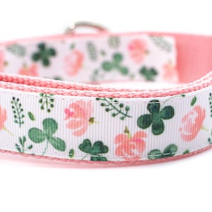 Pink Posies Shamrock Dog Collar - 1 inch wide - buckle or martingale - lucky - clover - Irish - St Patricks Day - girly - feminine