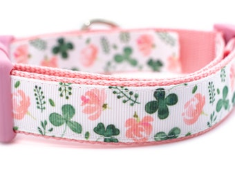 Pink Posies Shamrock Dog Collar - 1 inch wide - buckle or martingale - lucky - clover - Irish - St Patricks Day - girly - feminine