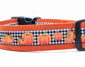 Plaid Pumpkin Dog Collar - 1.5 inch wide - buckle or martingale collar - Fall dog collar - Halloween dog collar - orange