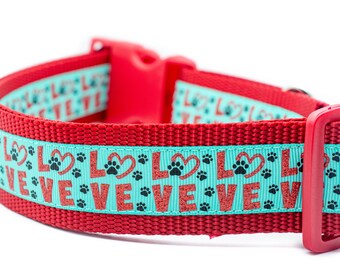 Love Paw Valentine Dog Collar - 1.5 inch wide  - buckle or martingale - valentine's day dog collar - heart dog collar - red - paws