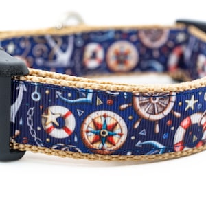 Nautical Gear Dog Collar - 1&quot; inch wide - Nautical dog collar - large dog collar - sailing dog collar - Summer dog collar - anchor - boat