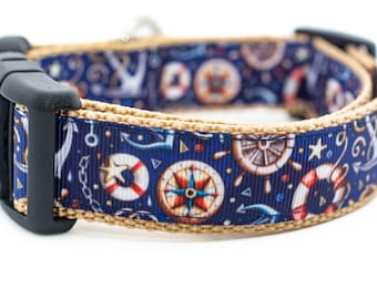 Nautical Gear Dog Collar - 1" inch wide - Nautical dog collar - large dog collar - sailing dog collar - Summer dog collar - anchor - boat