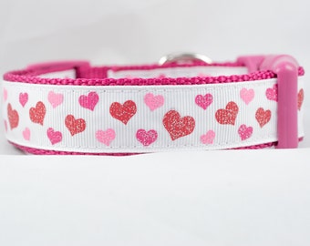 Twinkle Hearts Dog Collar, 1 inch wide, buckle or martingale, glitter, pink, white, valentines day, raspberry, sparkle, small, large, XL