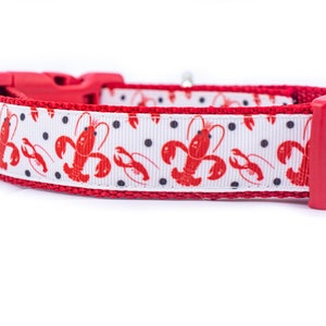 May include: Red dog collar with a white background featuring a repeating pattern of red lobsters and black dots.