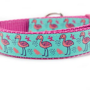 Rose Flamingo Dog Collar - 1 inch wide - buckle or martingale collar - tropical dog collar - girl dog collar - pink dog collar - summer