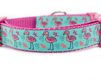 Rose Flamingo Dog Collar - 1 inch wide - buckle or martingale collar - tropical dog collar - girl dog collar - pink dog collar - summer