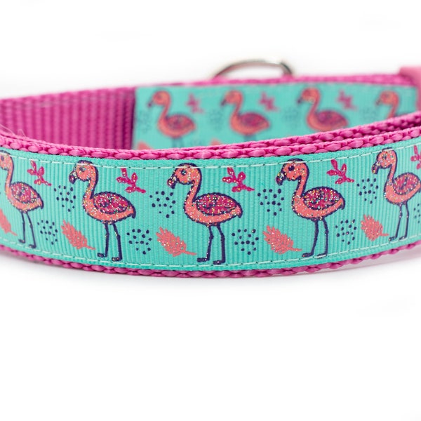 Rose Flamingo Dog Collar - 1 inch wide - buckle or martingale collar - tropical dog collar - girl dog collar - pink dog collar - summer