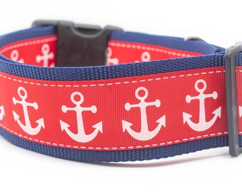 DISCOUNTED Red Anchor Dog Collar - 2 inch wide - buckle or martingale - summer dog collar - large breed collar - nautical dog collar - beach