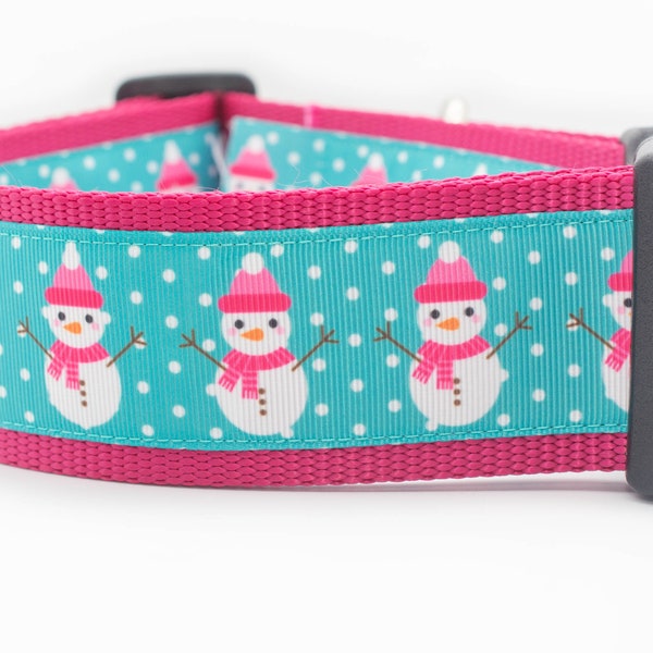 Pink Snowman Dog Collar - 2 wide - Christmas dog collars - holiday dog collar - winter dog collar - girl dog collar - polka dot - polkadot