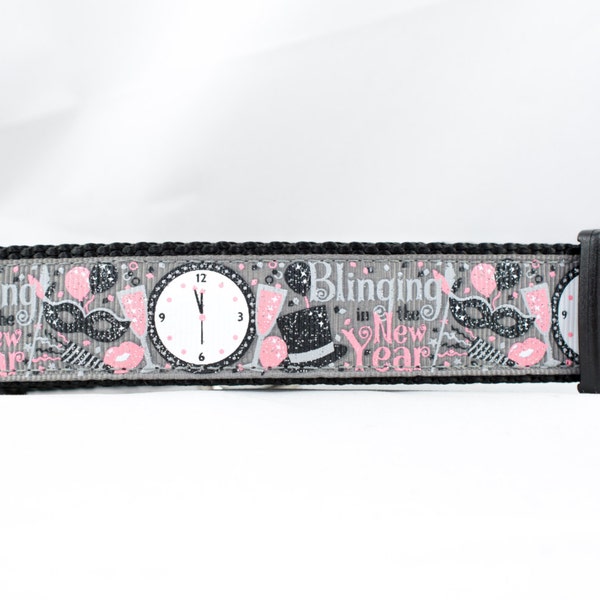Blinging in the New Year Dog Collar, 1" inch wide, buckle or martingale, winter, holiday, new years day, clock, 2015, glitter, pink, grey