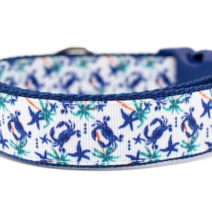 Seashore Crab Dog Collar - 1 inch wide - buckle or martingale collar - tropical collar - palm tree dog collar - starfish dog collar - summer