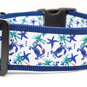 Seashore Crab Dog Collar - 2 inch wide - buckle or martingale collar - tropical collar - palm tree collar - starfish dog collar - summer