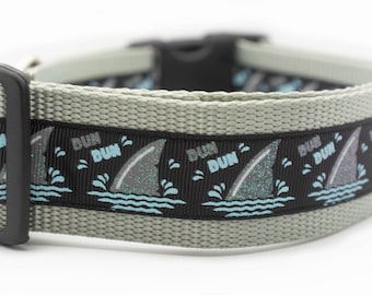 Dun Dun Shark Dog Collar - 1.5 inch wide - buckle or martingale collar - summer dog collars - nautical dog collar - beach dog collar - ocean