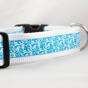 Island Blue Swirls Dog Collar, 1.5&quot; inch wide, buckle or martingale, floral, girly, white, swirl, flowers
