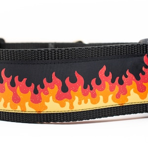 May include: Black dog collar with a red, orange, and yellow flame design.