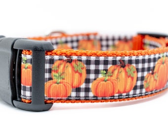 Plaid Pumpkin Dog Collar -  1 inch wide - buckle or martingale collar - Fall dog collar - Halloween dog collar - orange