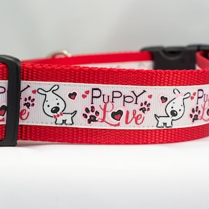 Puppy Love Dog Collar - 1.5 inch wide for big dogs - buckle or martingale collar - valentines day dog collar - hearts dog collar - red dog