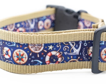 Nautical Gear Dog Collar - 1.5" inch wide - Nautical dog collar - large dog collar - sailing dog collar - Summer dog collar - anchor - boat