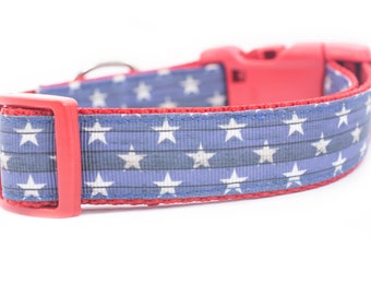 American Vintage 1 inch wide Dog Collar - buckle or martingale collar - patriotic dog collar - star dog collar - 4th of july collar - wood